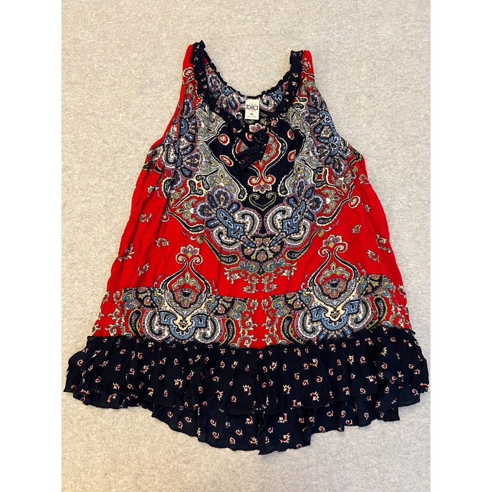 Bila Blouse Women's XL Red Paisley Floral‎ Tassel Neck Sleeveless Boho Tank Top
